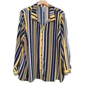 Catherine's Striped Button Up Roll Tab Shirt 4X Blue Multi Office Preppy Stretch
